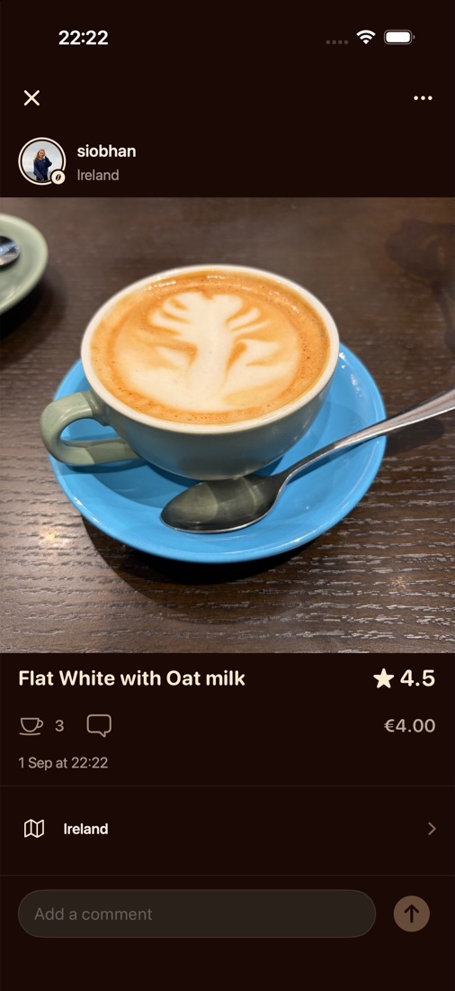Siobhan's flat white, rated 4.5, in the Koffee app