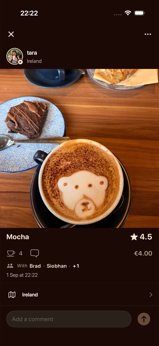 Tara's mocha with bear latte art, rated 4.5, as a post in the Koffee app