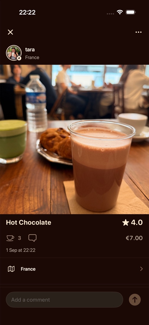 Tara's hot chocolate in France, with its place, in the Koffee app